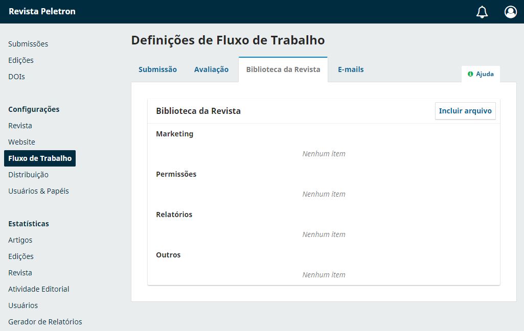 Acesse o menu lateral Configurações > Fluxo de Trabalho e, em seguida, clique na aba Biblioteca da Revista.