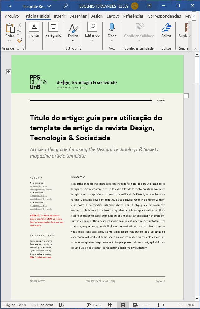 Template de submissão da Revista Design, Tecnologia e Sociedade, da UNB