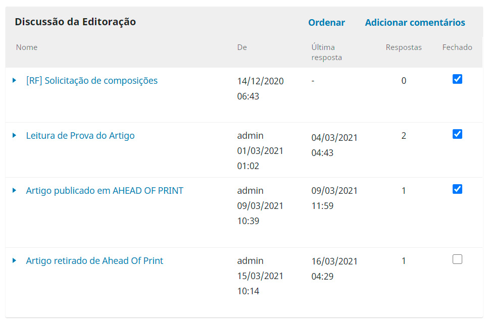 Exemplo da área de discussão na etapa de Editoração do fluxo editorial.