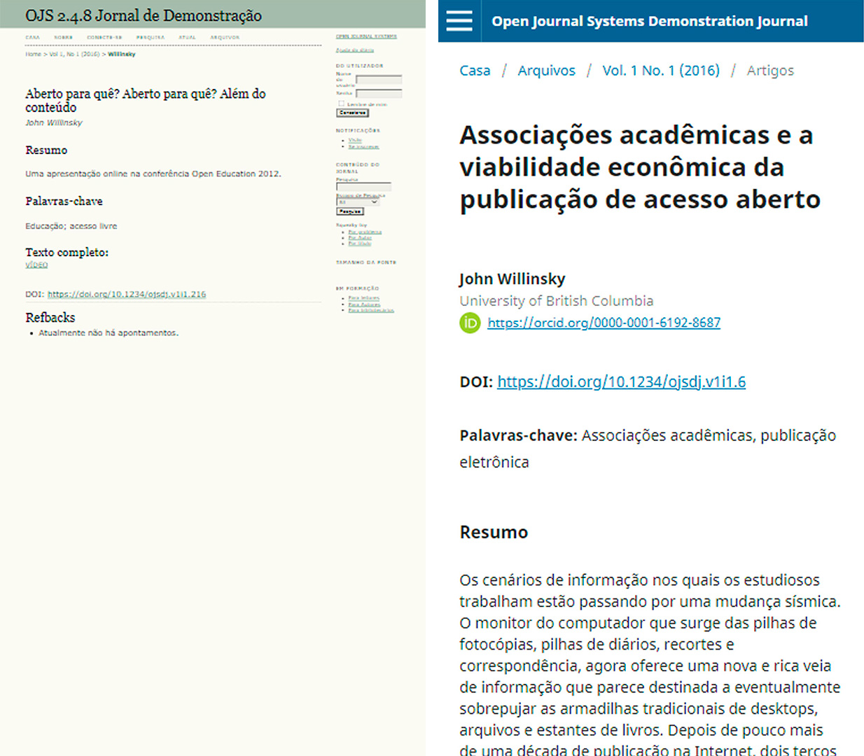 Exemplo de visualização em dispositivo móvel. OJS 2 (à esquerda) e OJS 3 (à direita).