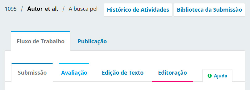 Exemplo da tela da submissão, com destaque às etapas do fluxo editorial.