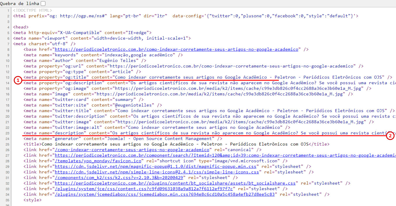 Exemplo de 2 metatags muito comuns em páginas web: title e description. Estas informações são exibidas nos resultados do Google.