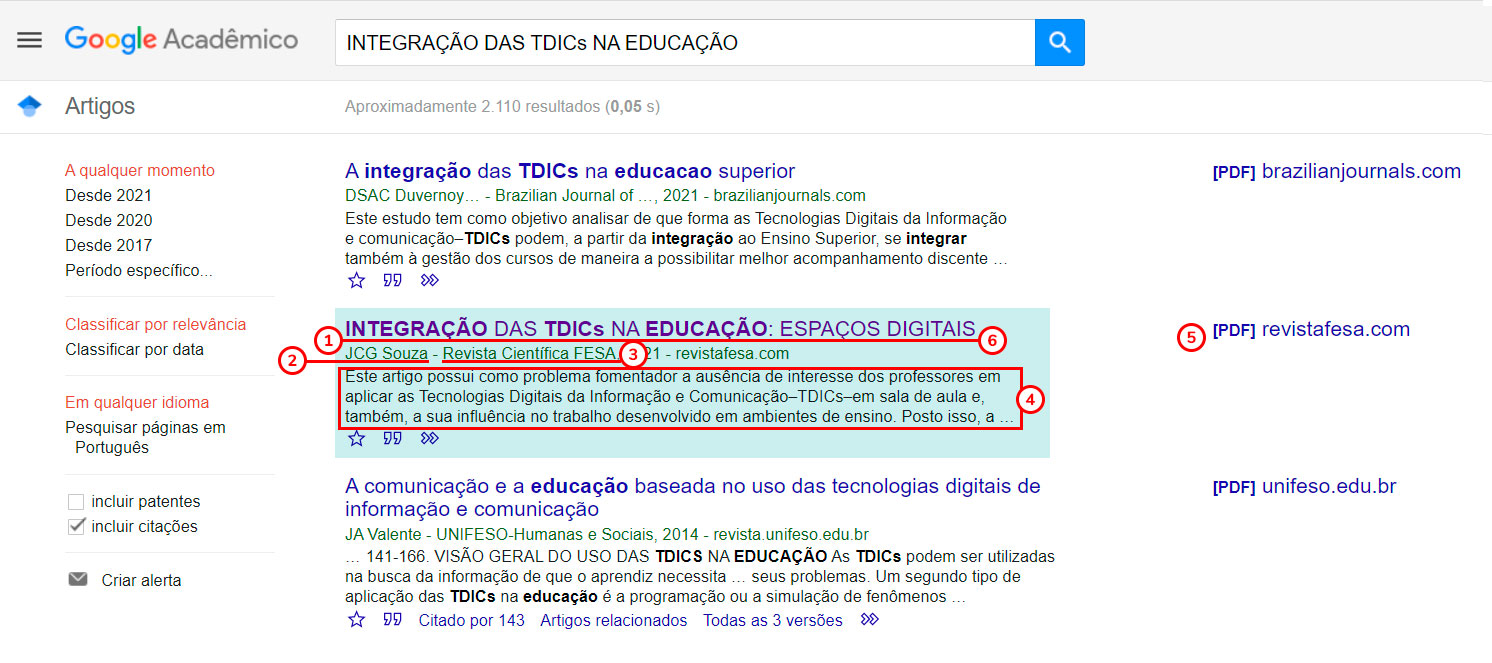 Exemplo de exibição dos metadados bibliográficos de um artigo no Google Acadêmico.