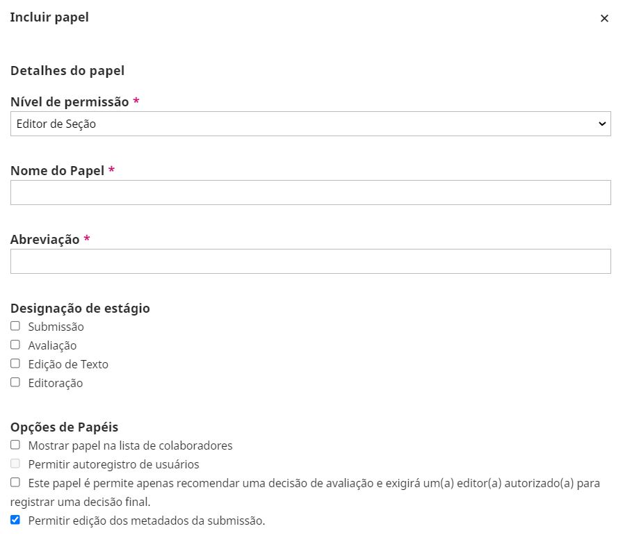 Popup exibida com formulário de inclusão de novo papel editorial.
