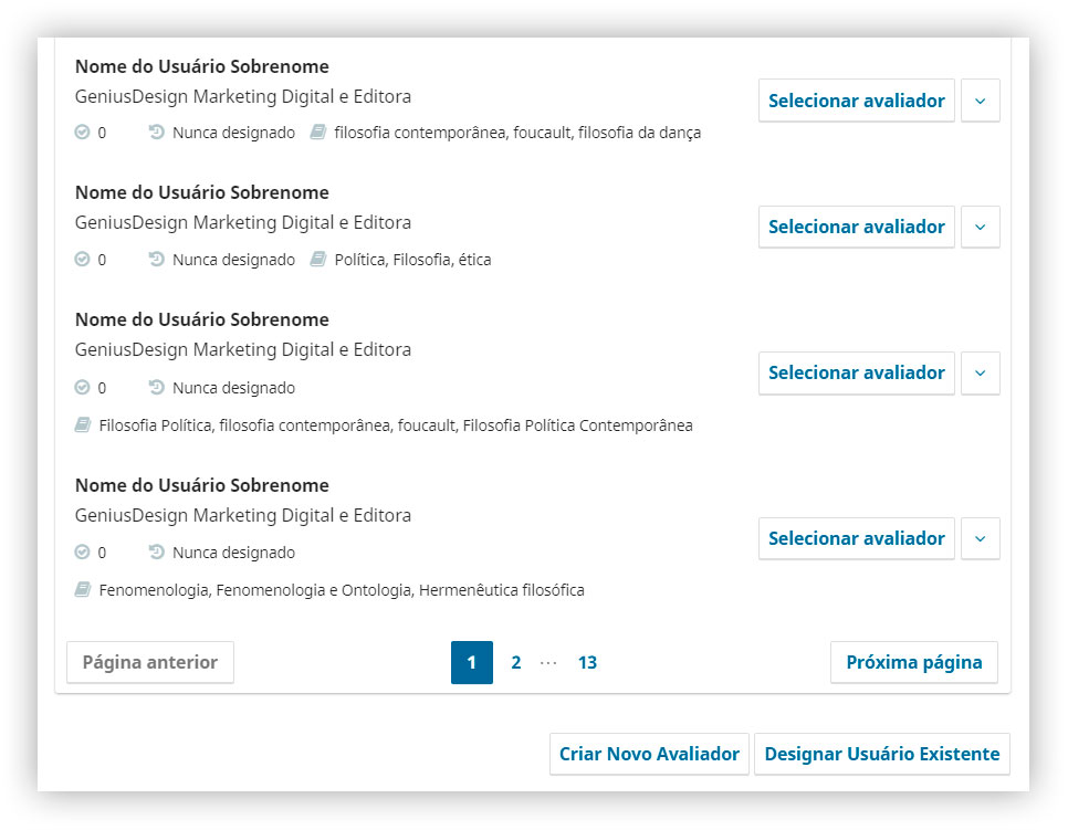 Para adicionar um avaliador não encontrado no sistema, basta clicar em "Criar Novo Avaliador".
