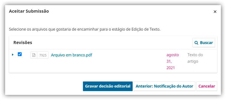 Selecione o arquivo de revisão transferido no bloco de "Revisões".