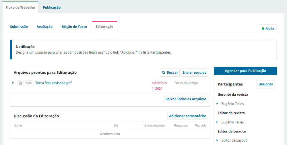 Utilize o botão "Designar" no bloco de Participantes para convidar um Editor de Layout.