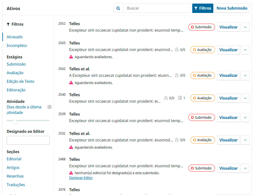Exibição das opções de filtro (à esquerda) após clicar no botão "Filtros".