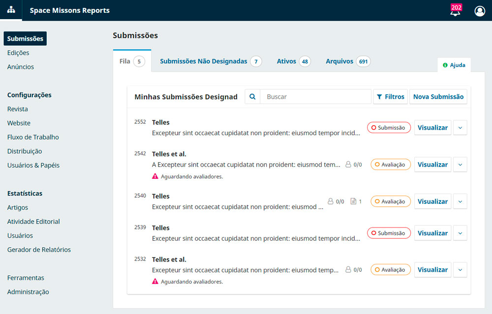 Tela com Painel de Submissões, exibida logo após login no sistema.