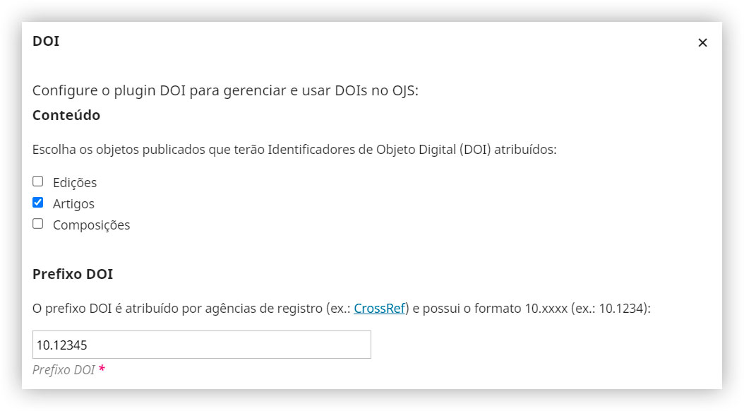 Opções de "objetos" para geração de números DOI.