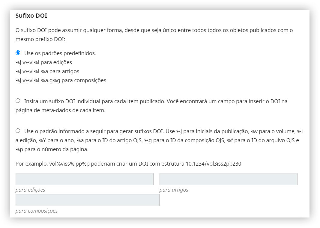 Opções de sufixo para atribuição de DOI.