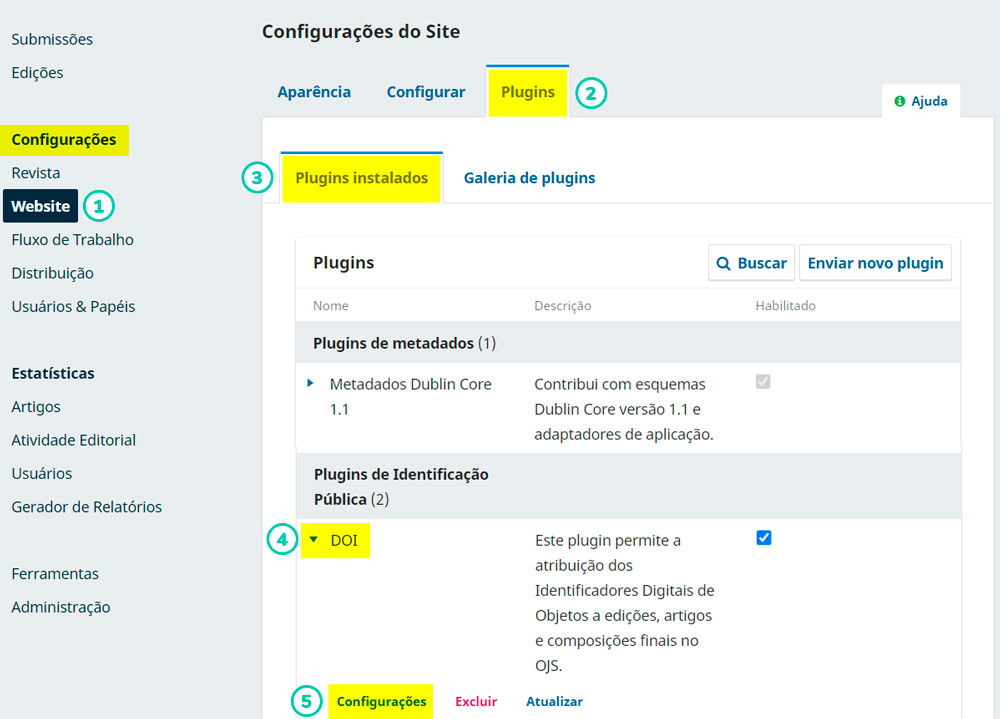 Visão do plugin DOI no OJS.