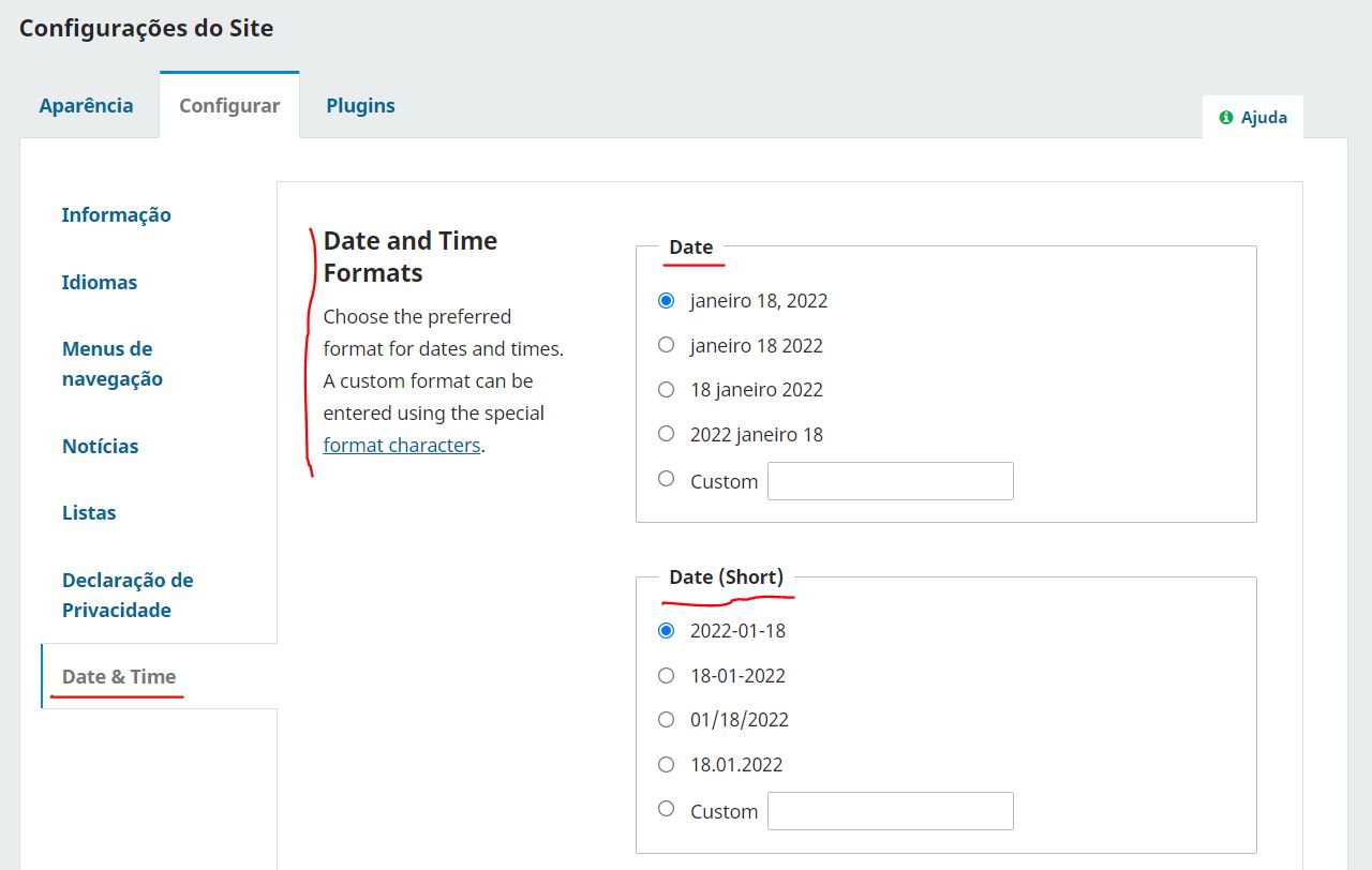 Configurações de data e hora com termos carregados em inglês por não possuir tradução no idioma ativo (português).