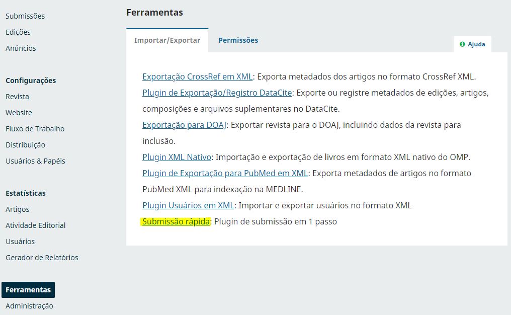Figura 2. Link de acesso ao plugin Quick Submit (Submissão Rápida), em Ferramentas > Submissão rápida.