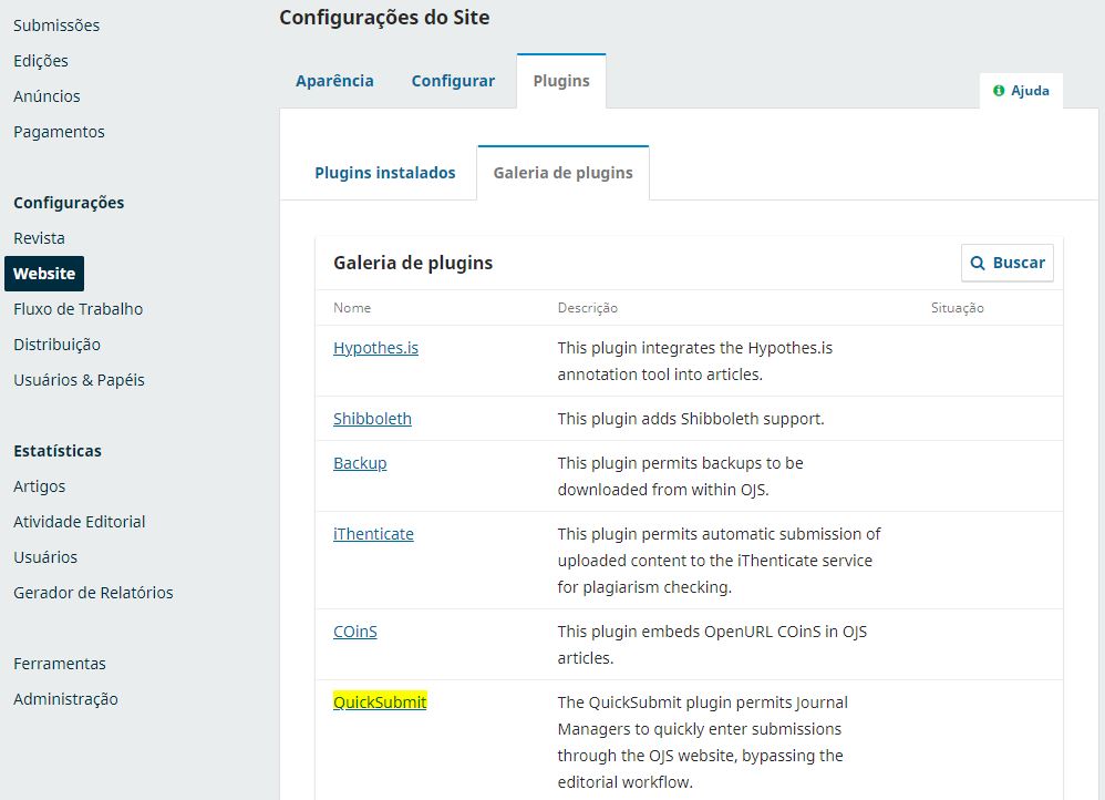 Depois de acessar a "Galeria de plugins", clique sobre o plugin QuickSubmit.