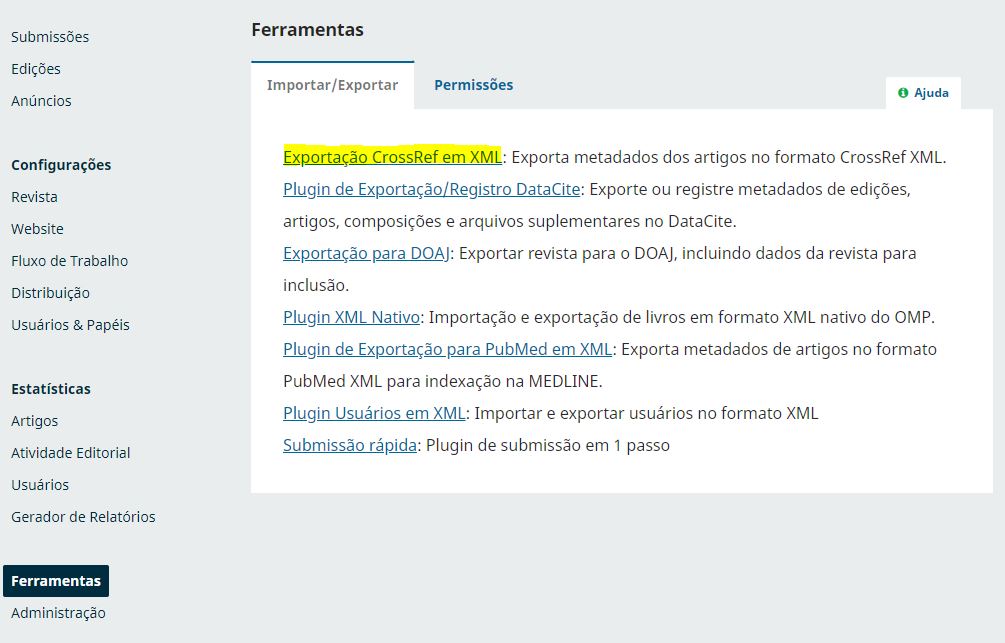 Exibição da tela de Ferramentas, ao final do menu lateral do OJS.