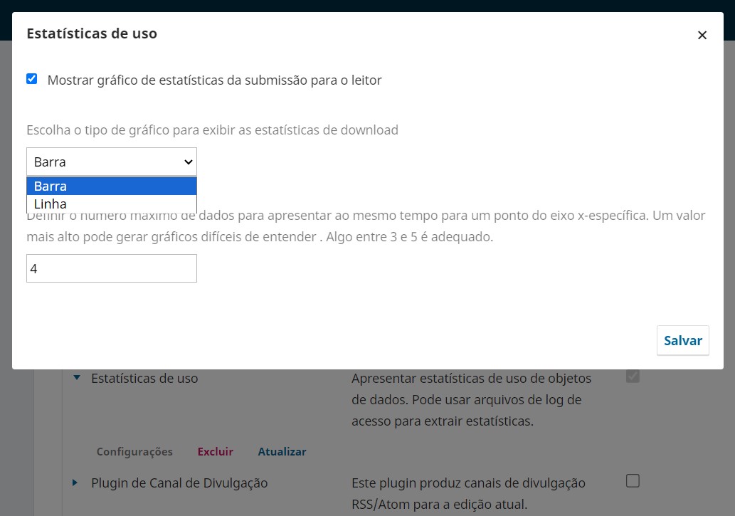 Opções de configuração do plugin de Estatísticas de uso no OJS 3.3